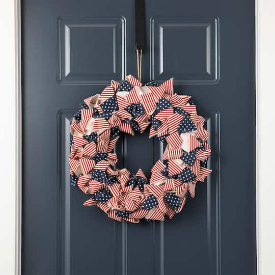 Glitzhome® 18.9" Fabric Stripes & Stars Wreath